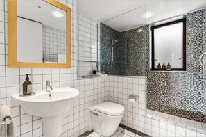 Chuveiro, secador de cabelo, toalhas de banho 