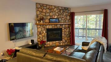 Smart TV, fireplace, books