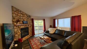 Smart TV, fireplace, books