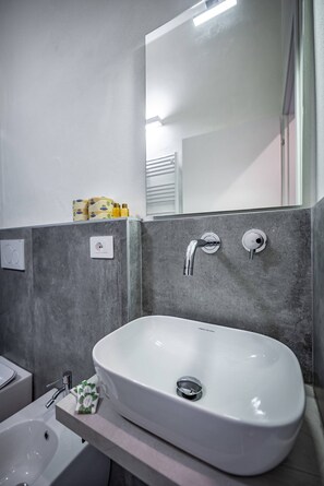 Hair dryer, towels, soap, shampoo