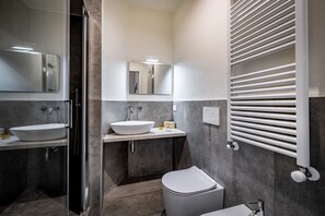 Shower, hair dryer, bidet, towels
