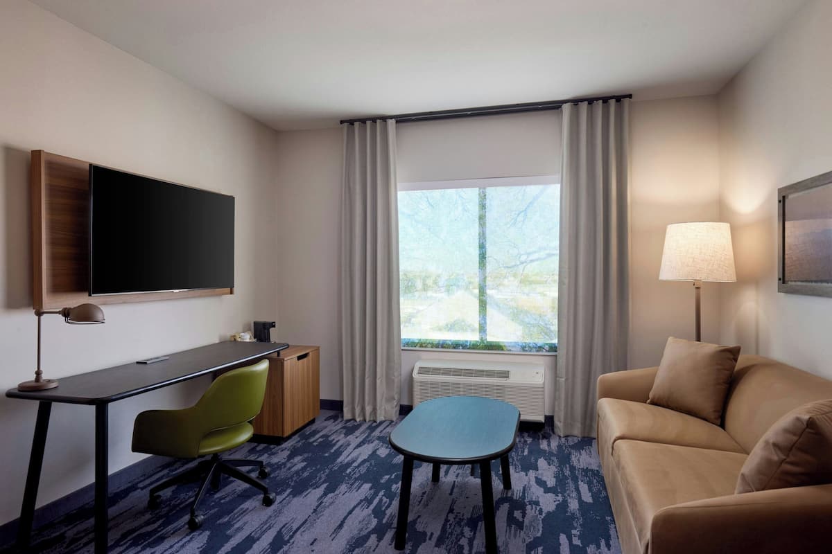 Une chambre d’hôtel équipée d’un bureau, d’une chaise, d’un canapé, d’une télévision, d’une lampe et d’une fenêtre avec des rideaux.