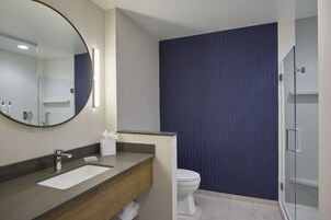 Un baño moderno con un espejo grande, un lavamanos, un inodoro y una cabina de ducha con paredes de vidrio.