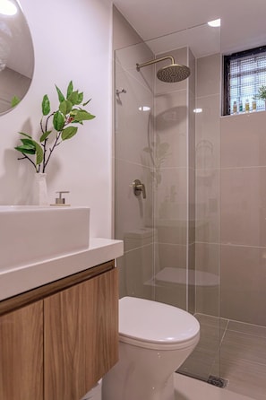 Secadora de cabello, toallas, jabón, papel de baño 