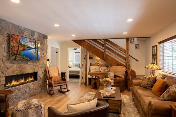 Smart TV, fireplace, foosball, table tennis