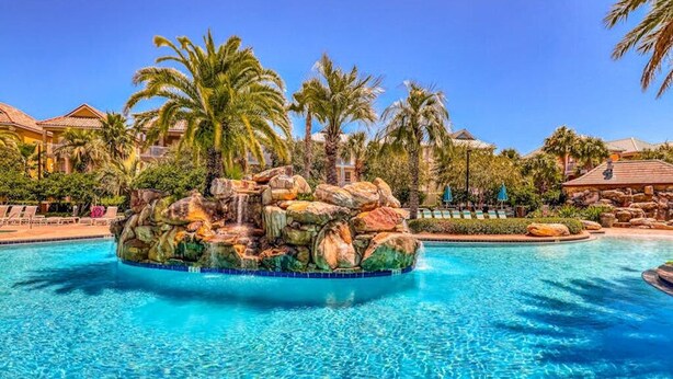 A swimming pool with a rock feature in the center, surrounded by palm trees and lounge chairs.