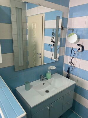 Shower, hair dryer, bidet, towels
