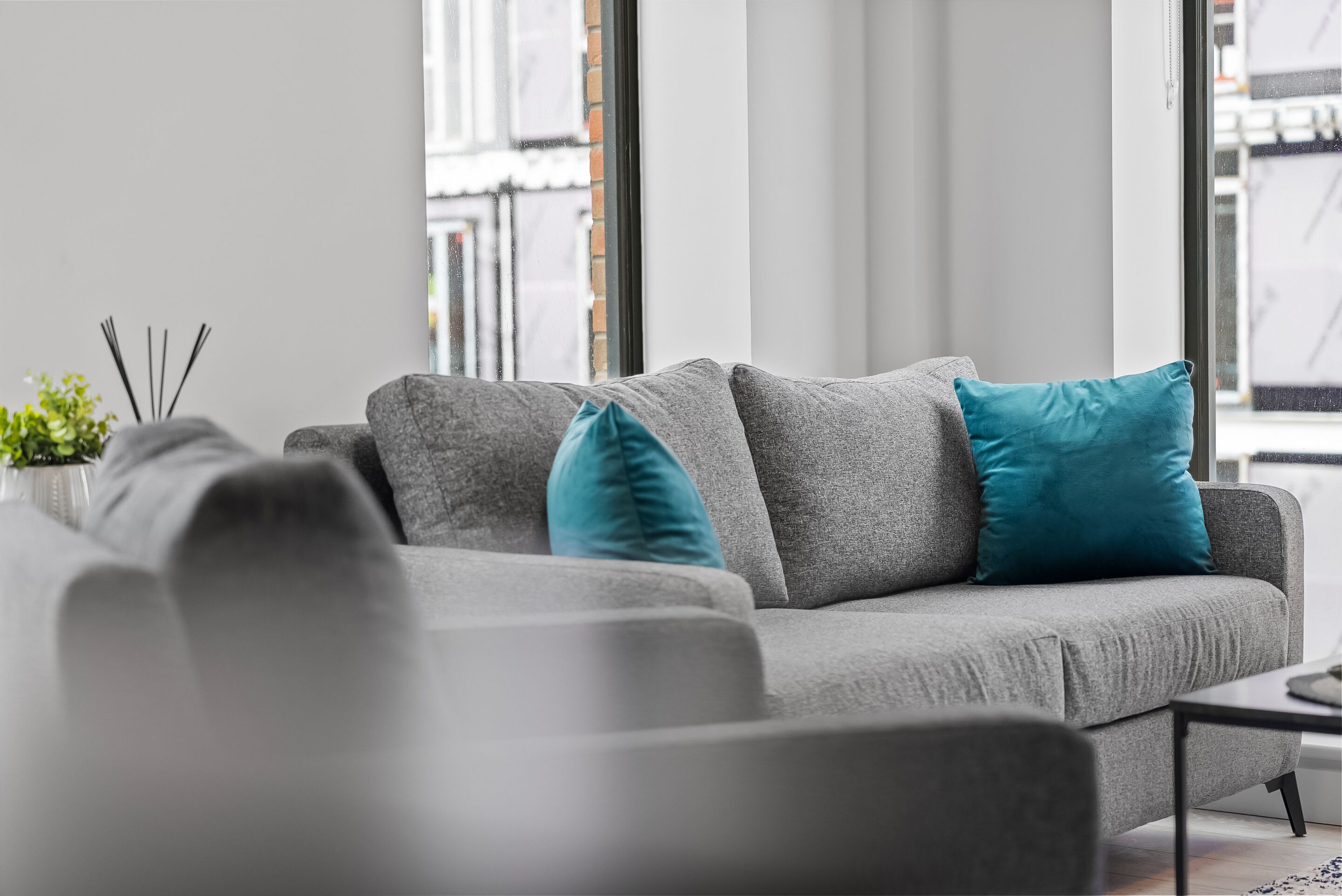 En moderne stue med en grå sofa, turkise puder, et lille bord og en potteplante.