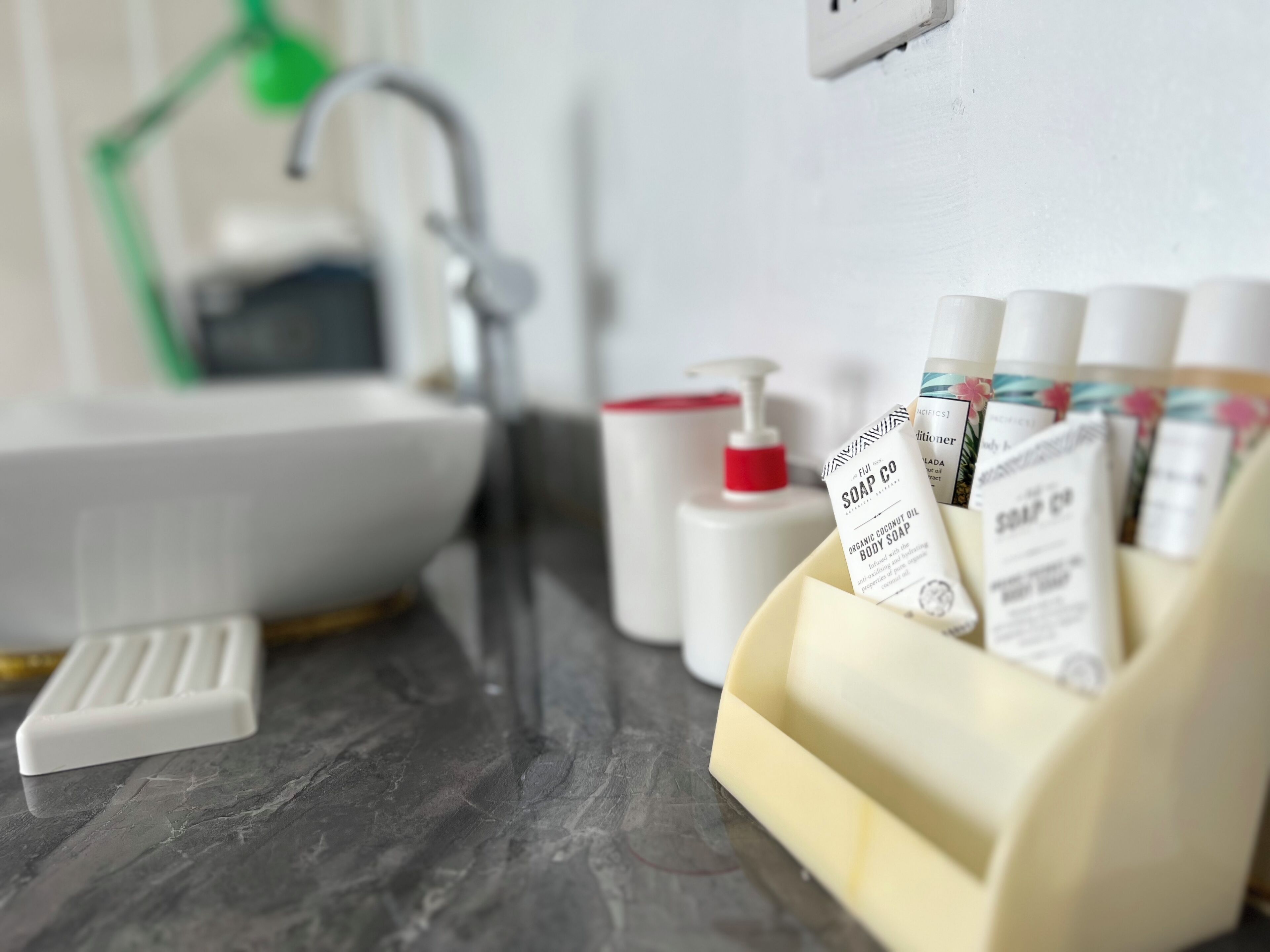 A bathroom sink, a soap dispenser, and a soap holder with multiple bottles.
