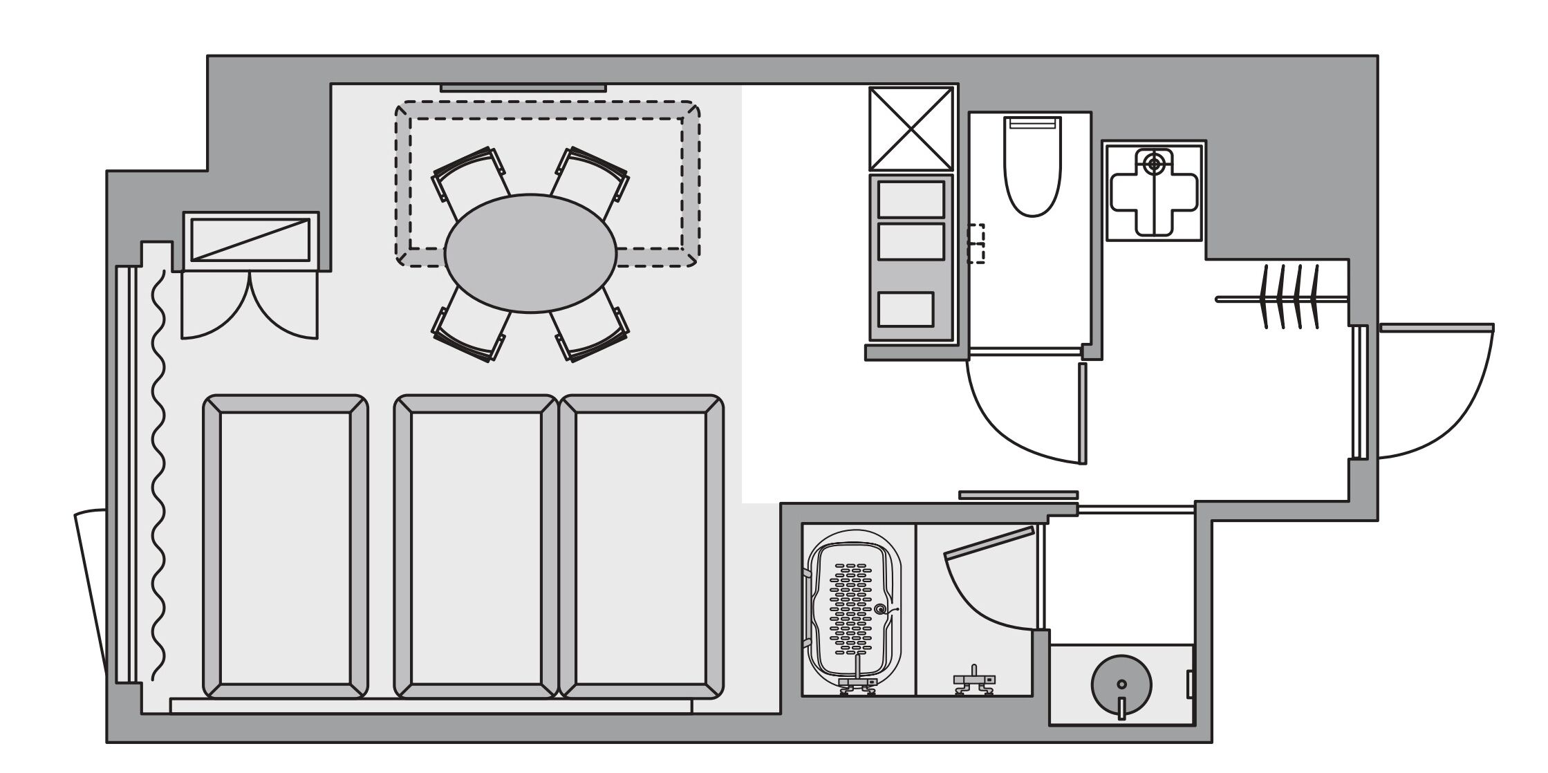 A floor plan with a dining area, two bedrooms, a bathroom, and a kitchen.