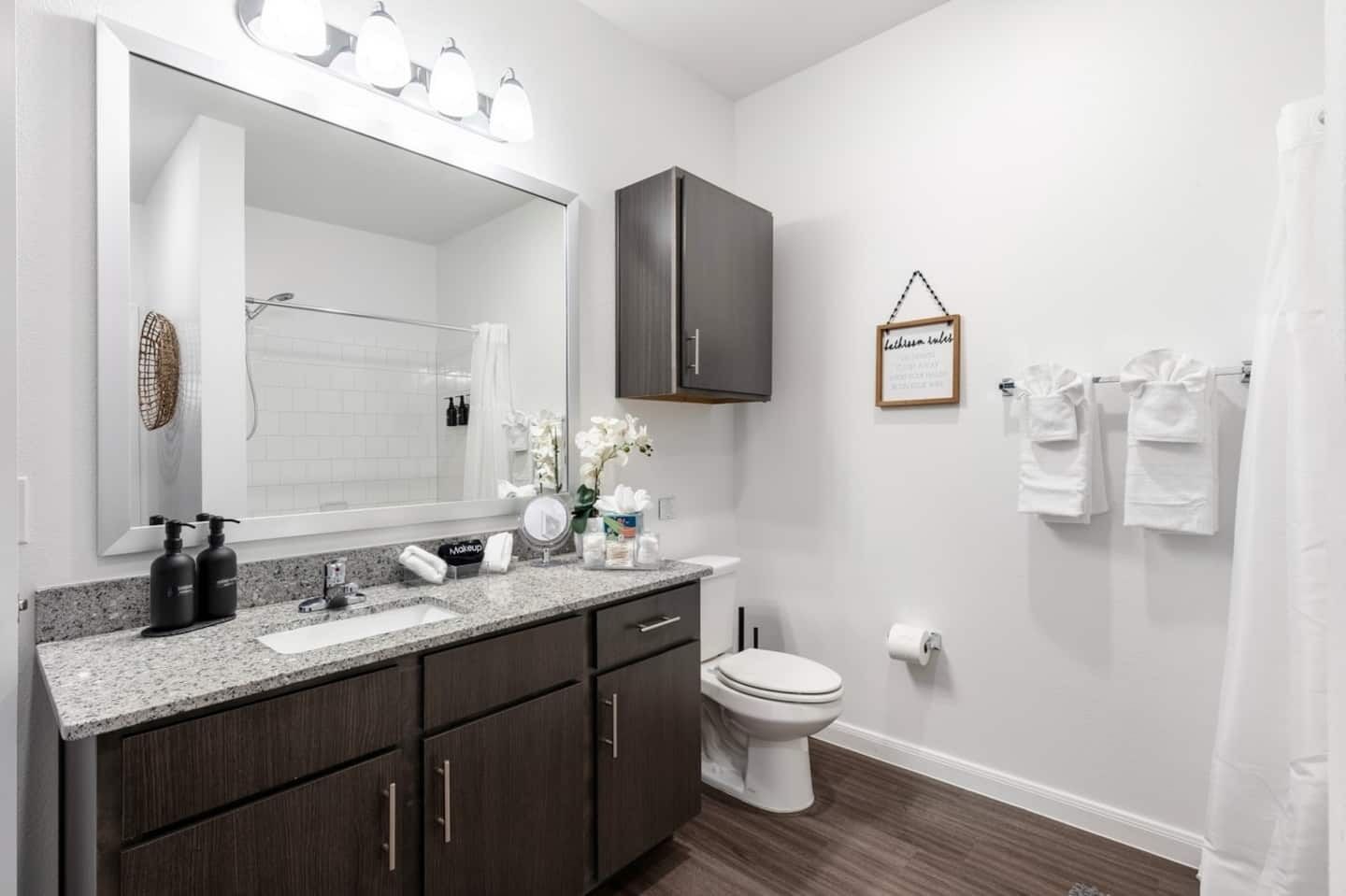 Hair dryer, towels, soap, shampoo