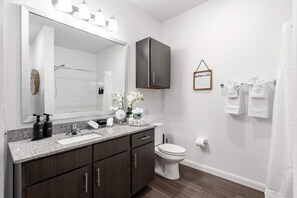 Hair dryer, towels, soap, shampoo