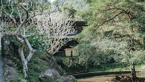 Ein traditionelles japanisches Gebäude mit Teich und Steinbrücke.