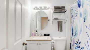 Hair dryer, towels, soap, shampoo