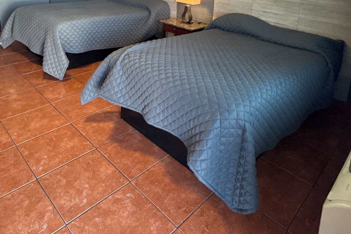 Une chambre d’hôtel avec deux lits, une table de chevet, une lampe et un luminaire au plafond.