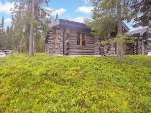 A log cabin with a window and a door, surrounded by dense greenery and trees.