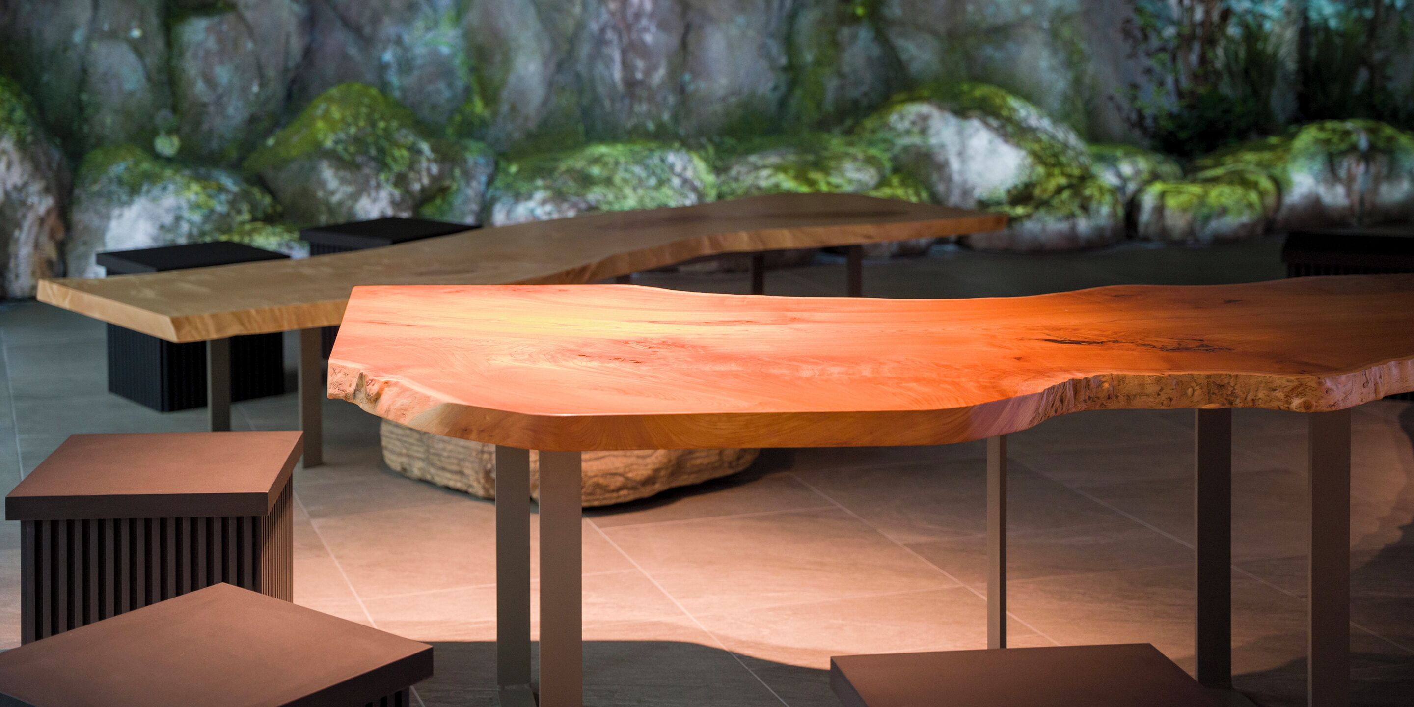Un intérieur moderne avec des tables et des bancs en bois, un mur de pierre recouvert de mousse et un sol carrelé.