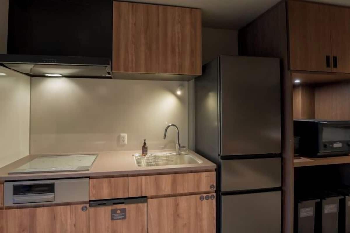 Full-sized fridge, microwave, stovetop, dishwasher