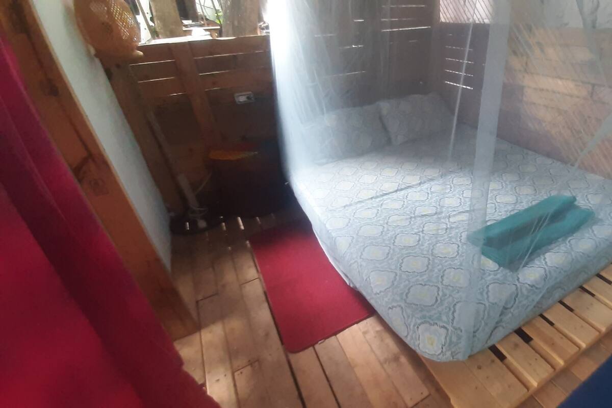 Une pièce avec une moustiquaire au-dessus d’un lit, un tapis rouge et un tapis bleu sur le sol.