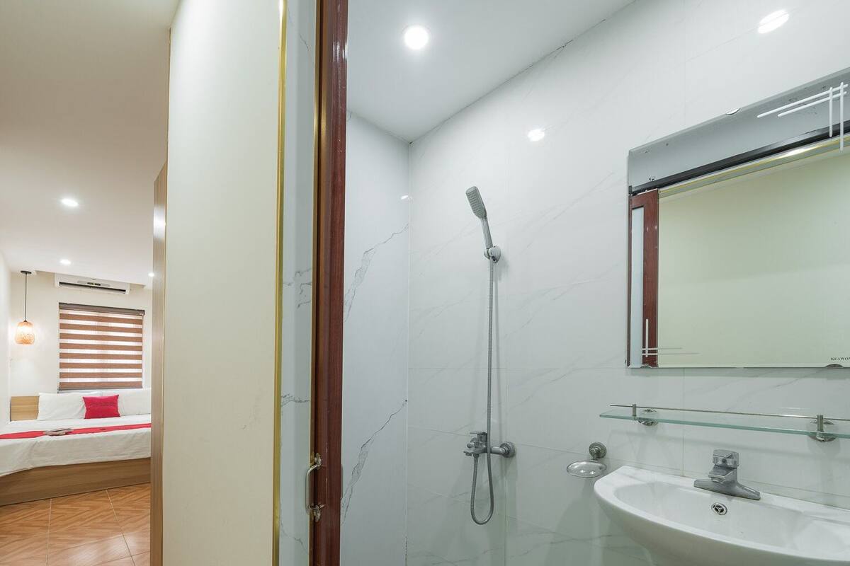 A modern bathroom with a glass shower enclosure, a white sink, and a mirror above it.