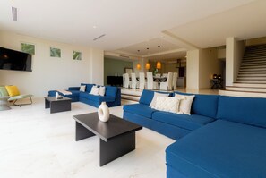 Fernseher, Kamin, Bücher, Arbeitsbereiche