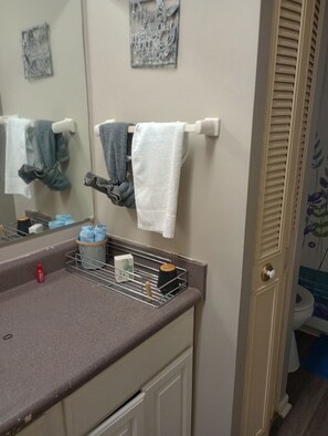 Een haardroger, handdoeken, zeep, toiletpapier