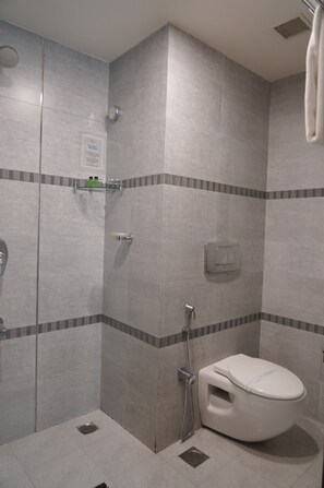 Douche, serviettes fournies, savon, shampoing