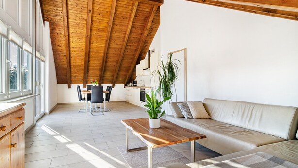 A spacious living area with a wooden ceiling, a sofa, a coffee table, and a dining table with chairs.