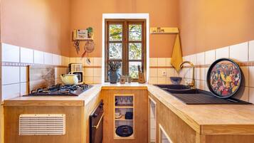 Fridge, oven, stovetop, coffee/tea maker