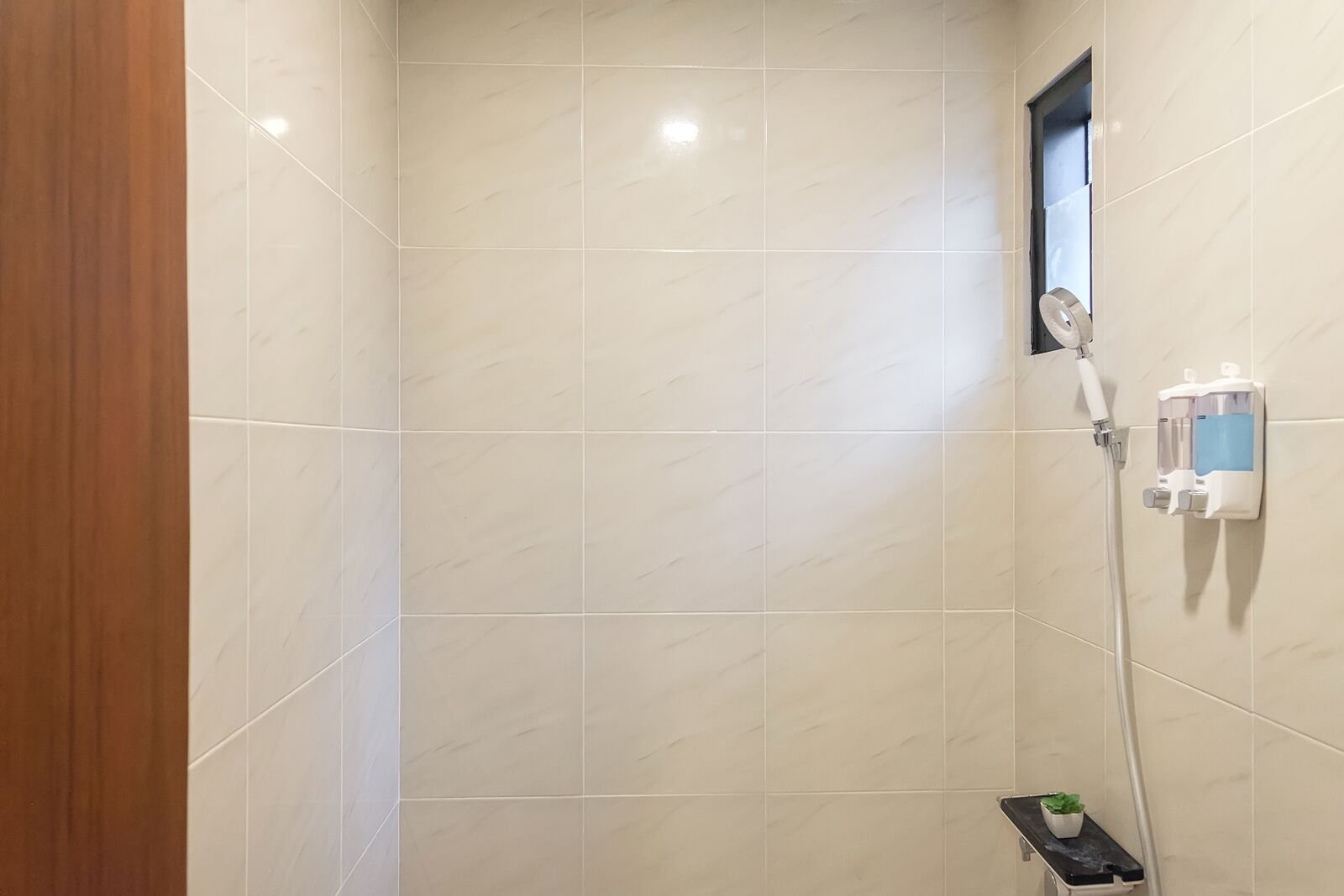 Een kleine douchecel met betegelde wanden, een houten deur, een klein plankje met een plant en een zeepdispenser aan de muur.