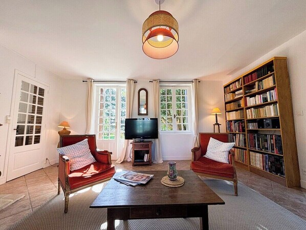 Televisio, takka, DVD-soitin, kirjoja