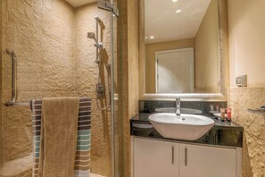 Bathroom features a glass-enclosed shower, sink with black countertop, and a mirror above.