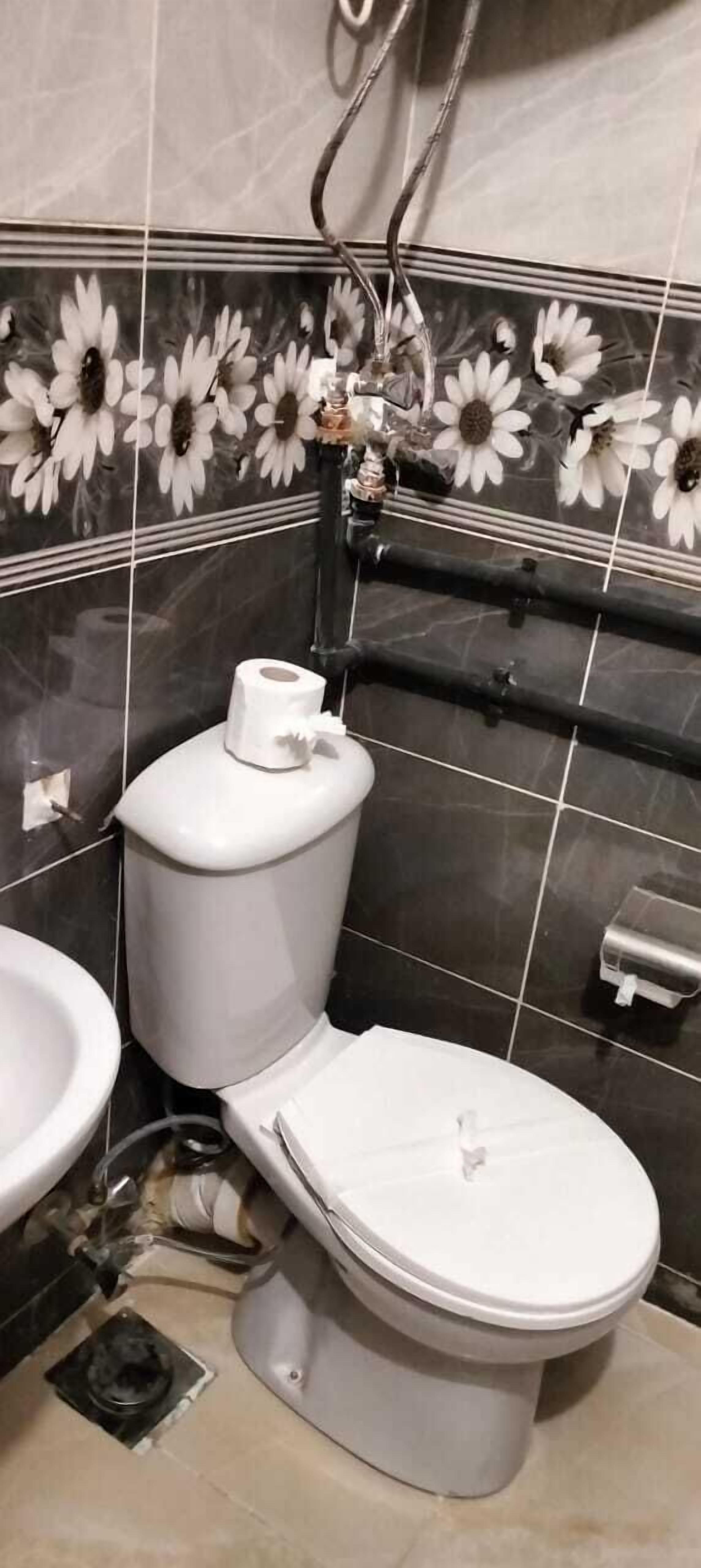 Et badeværelse med toilet, bidet og en håndtørrer. Væggene er dekoreret med et blomstret flisemønster.