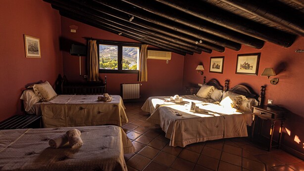 A room with two beds, a window with a view of greenery, a radiator, and a lamp on the wall. - Hotel La Casa Grande del Burgo (El Burgo)