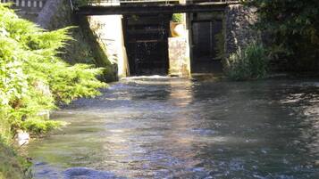 Ein Fluss fließt unter einer Brücke, entlang der Ufer wächst Grün.