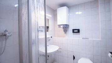 A modern bathroom with a glass shower enclosure, a white sink, and a toilet.