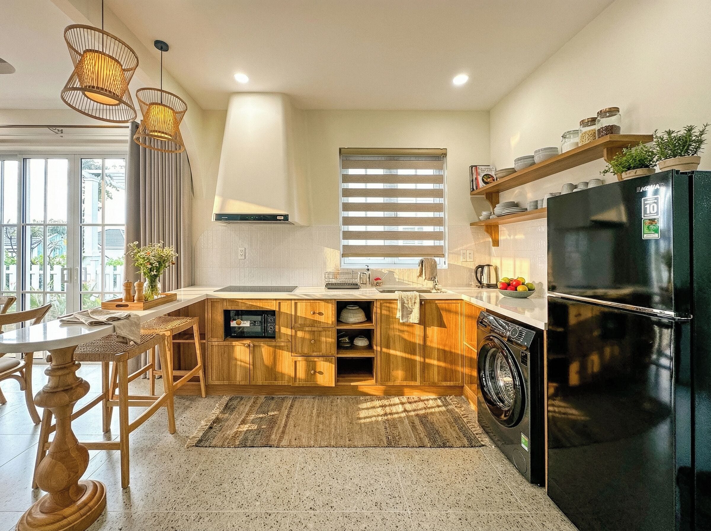 Full-size fridge, microwave, stovetop, electric kettle