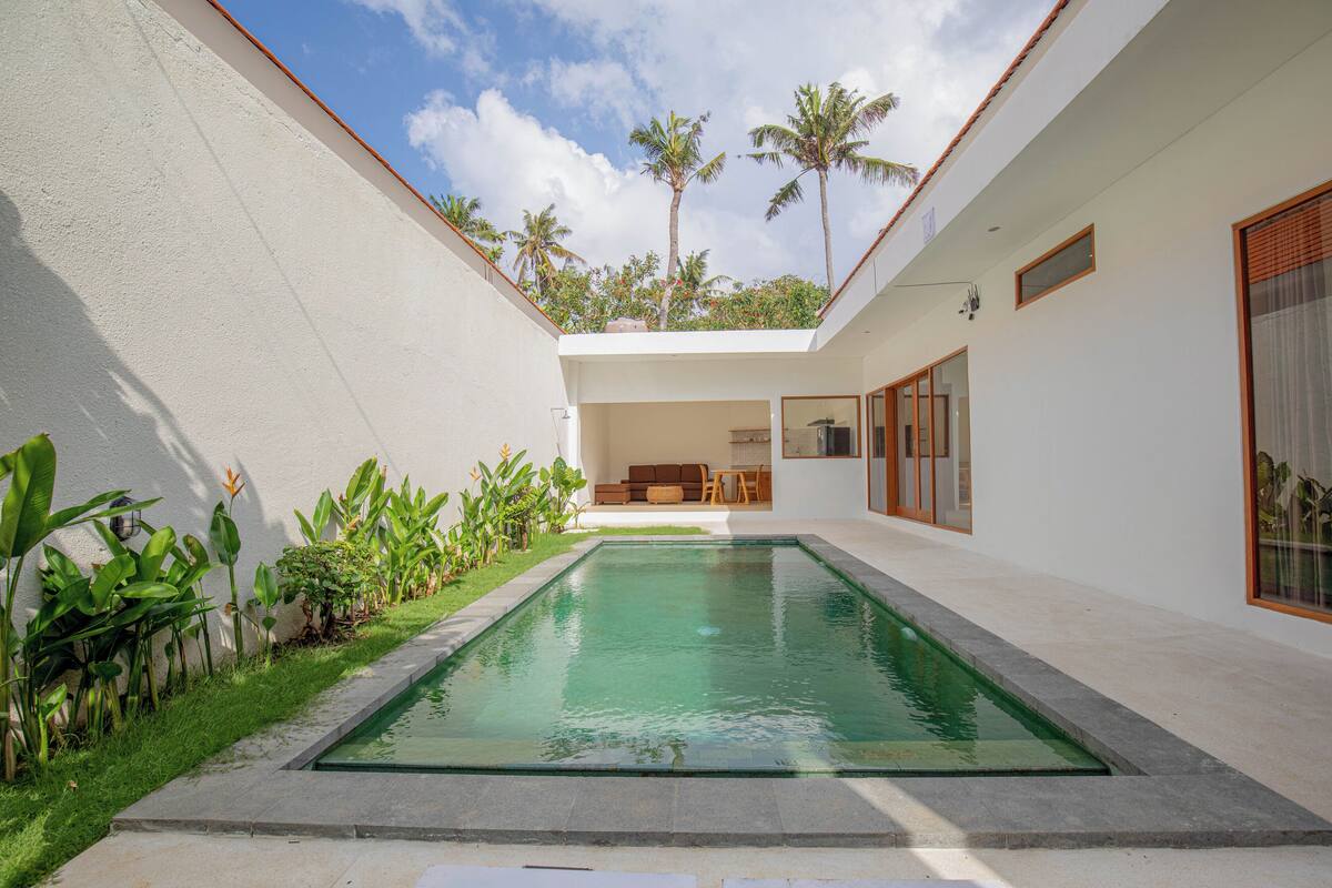 A modern house with a swimming pool, a patio with a sofa and chairs, and a view of palm trees.