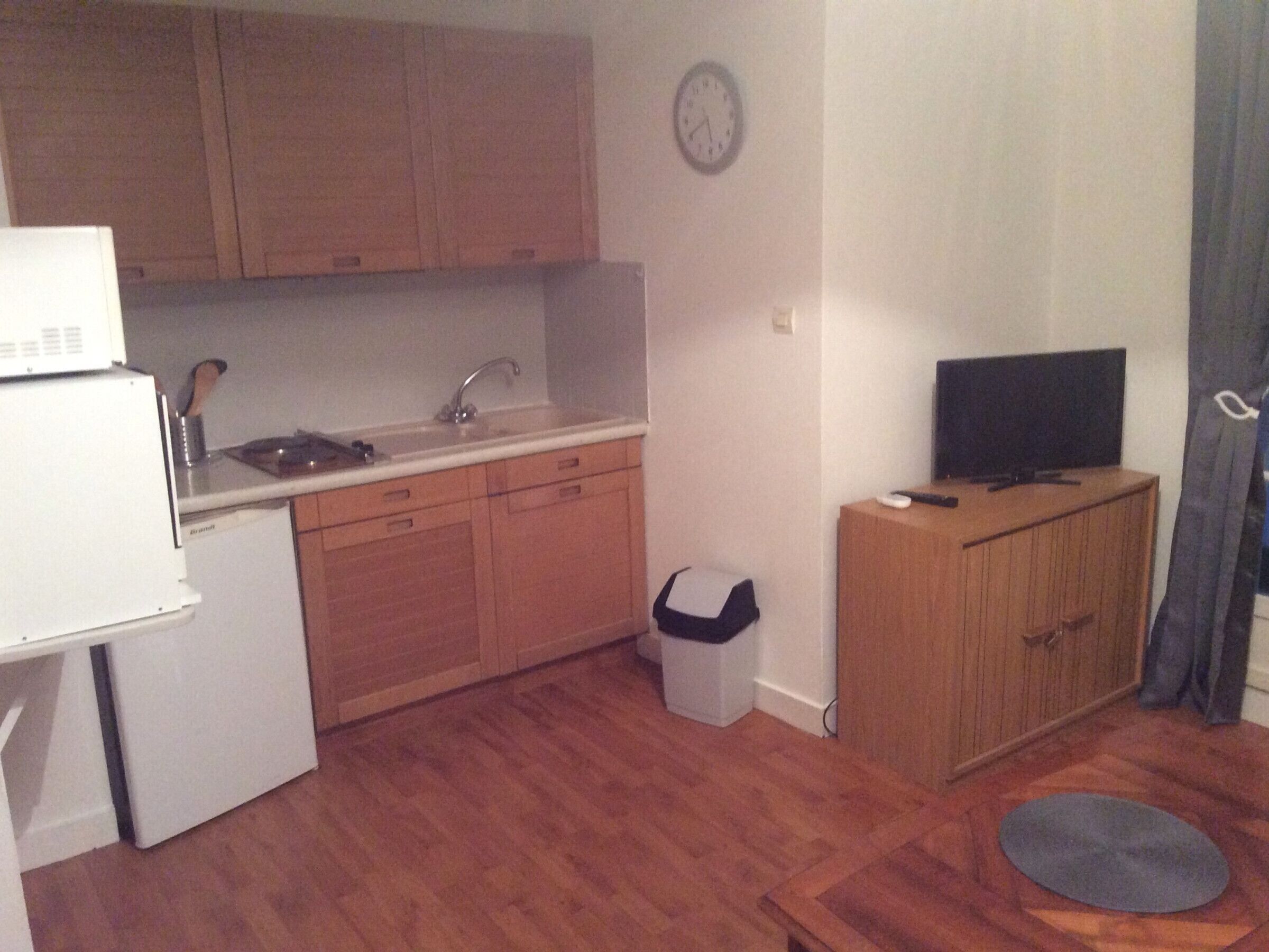 Cocina compacta con armarios de madera, un fregadero y un microondas. Hay un cubo de basura pequeño y un televisor sobre un mueble de madera.