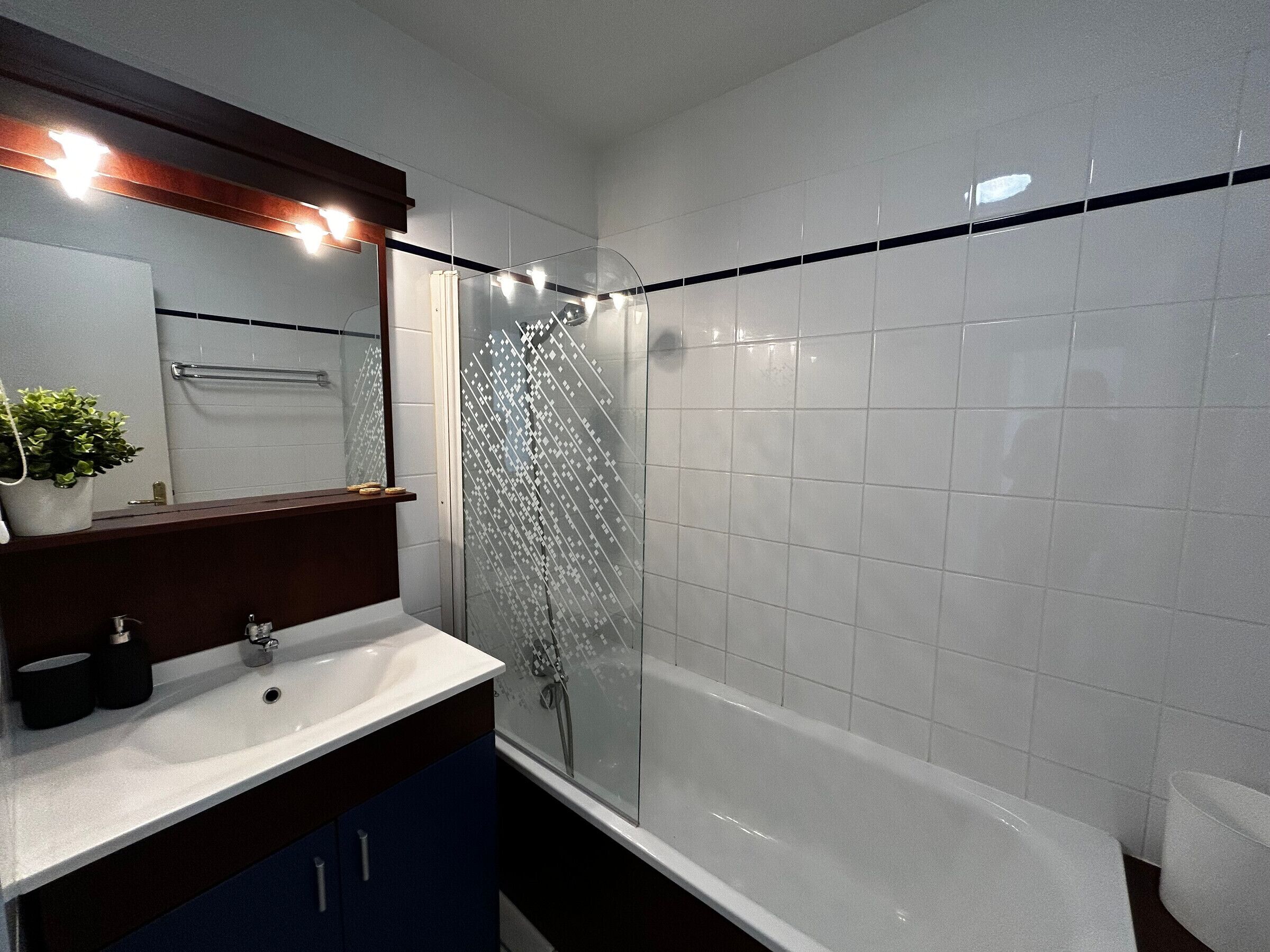 A modern bathroom with a glass-enclosed shower, a white sink, and a mirror above it.