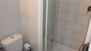 Uma casa de banho com sanita, chuveiro com porta de vidro e suporte para papel higiénico.