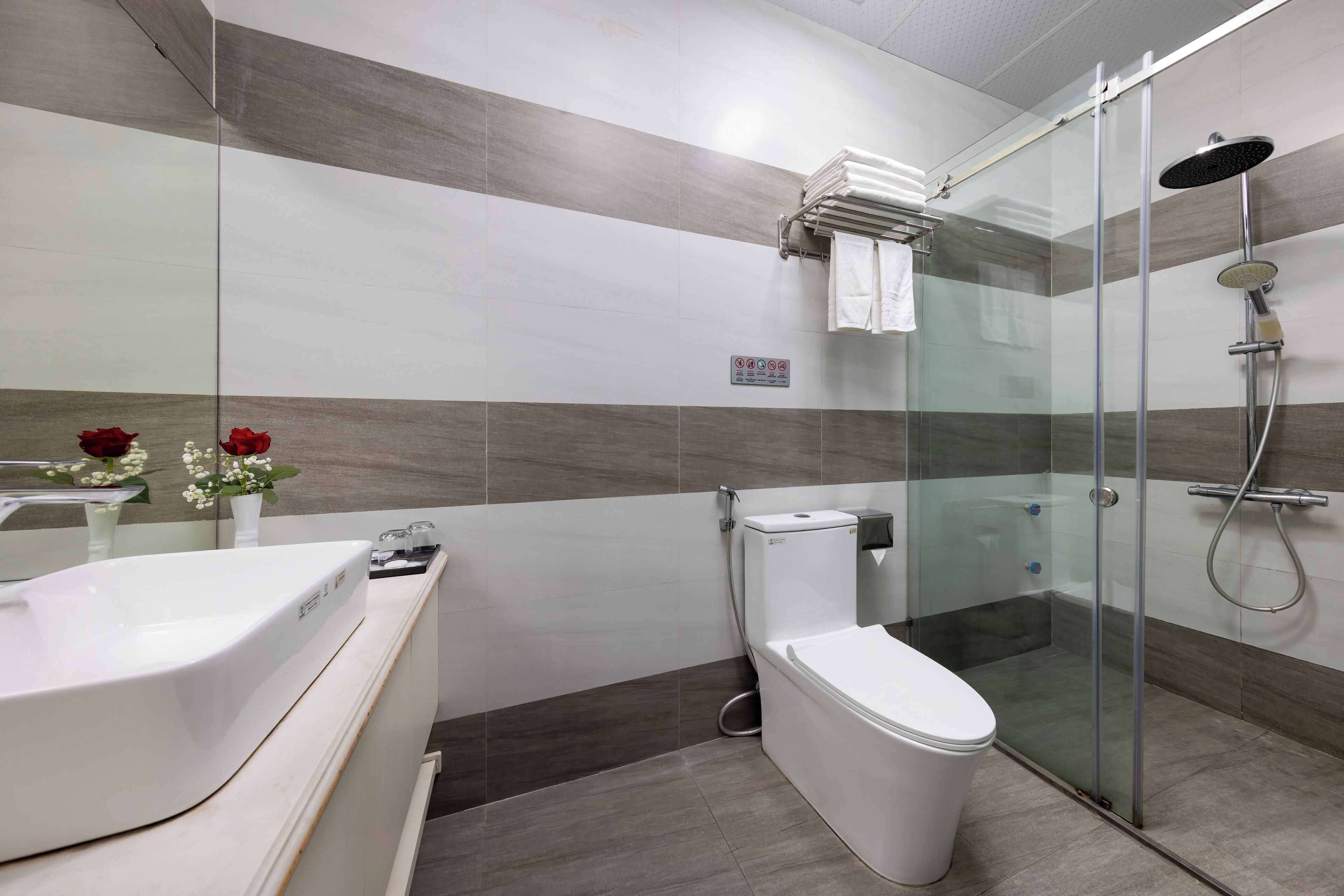 A modern bathroom with a glass-enclosed shower, a white sink, and a toilet.