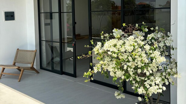 Un bâtiment moderne doté d'un plafond en bois, de grandes portes coulissantes en verre, d'un fauteuil en osier et d'une plante à fleurs blanches en pot.