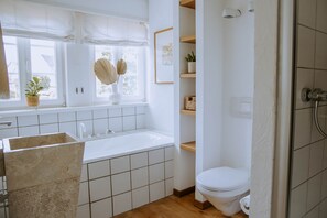 Hair dryer, towels, soap, toilet paper