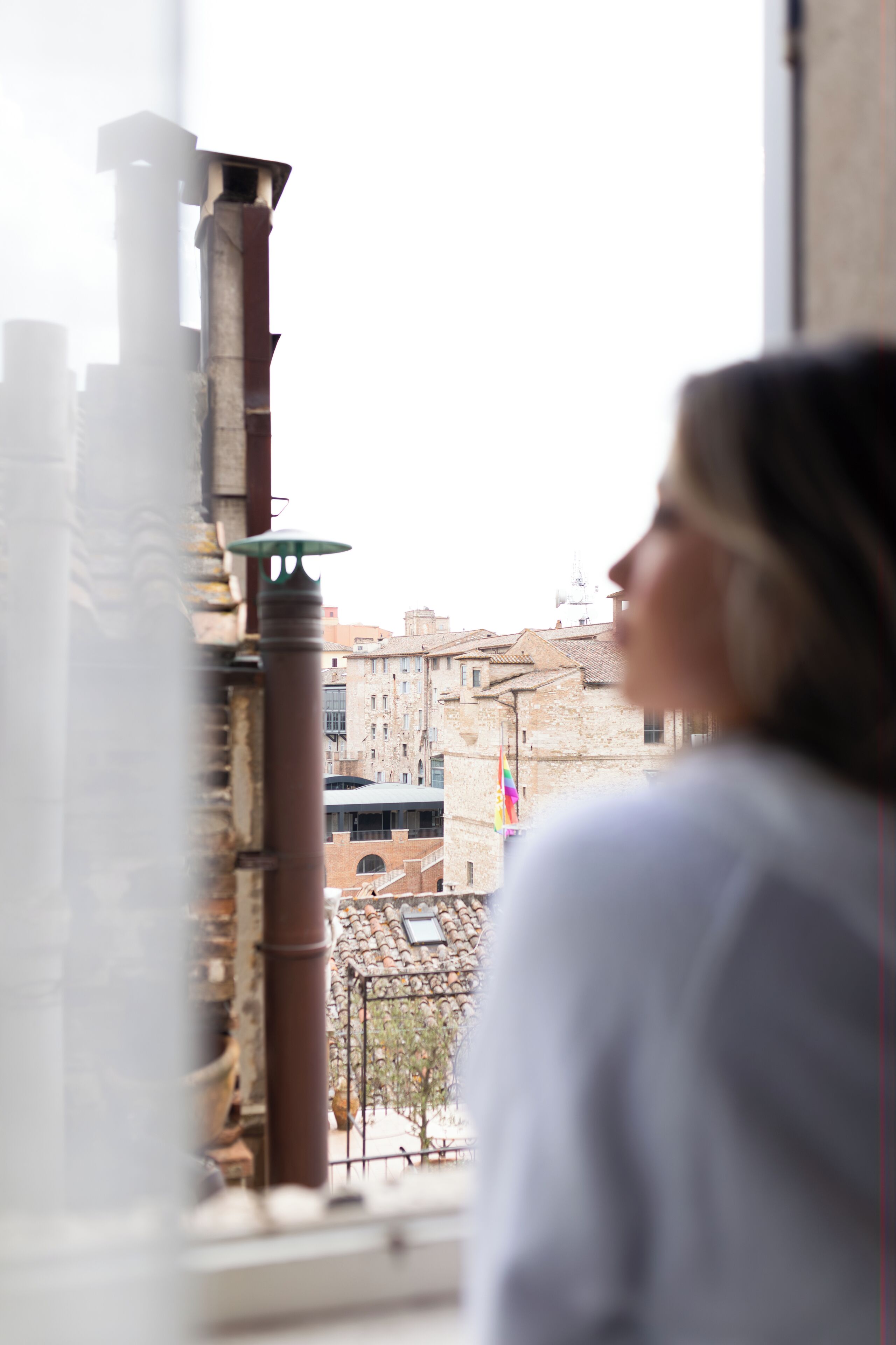 A view through a window with a metal railing, a brick wall, and a building with a flag in the background.