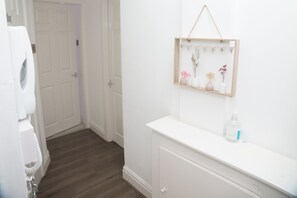Hair dryer, towels, soap, shampoo
