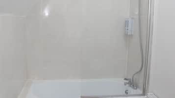 Hair dryer, towels, soap, shampoo