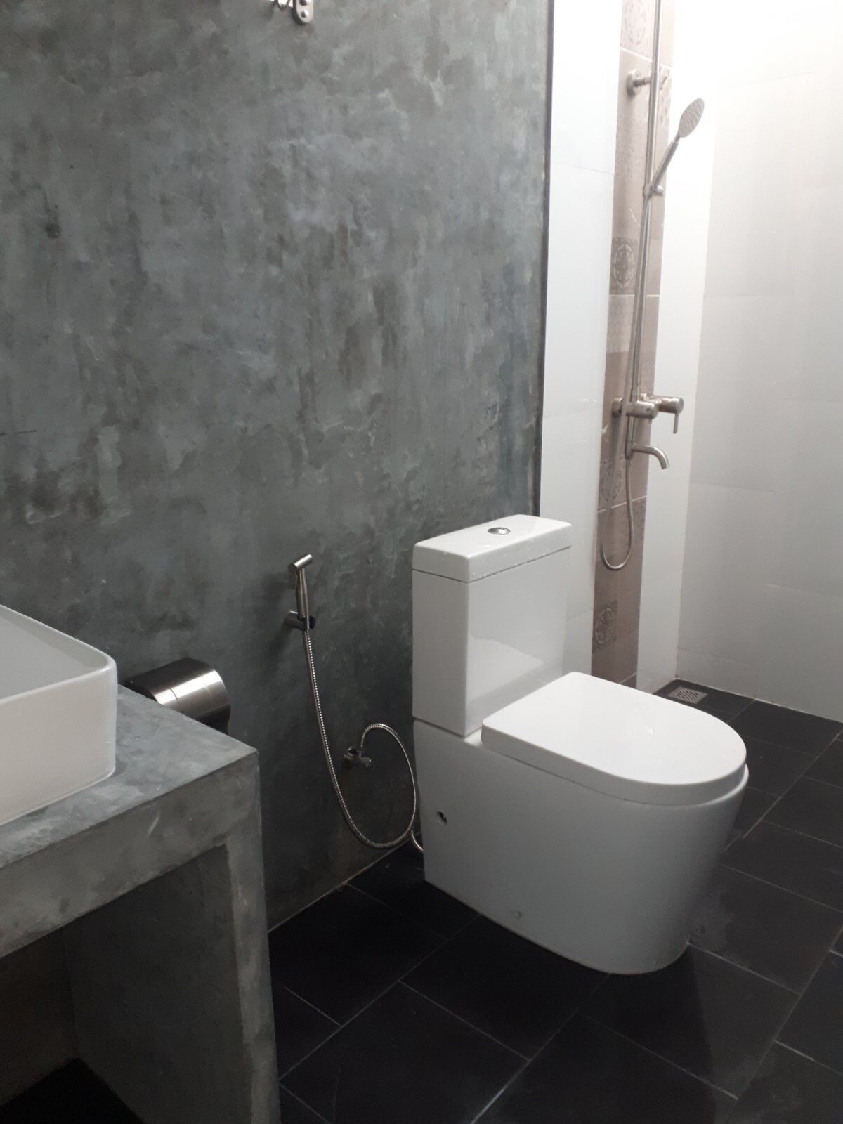 A modern bathroom with a toilet, a shower, and a sink.