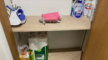 Hair dryer, bidet, towels, soap