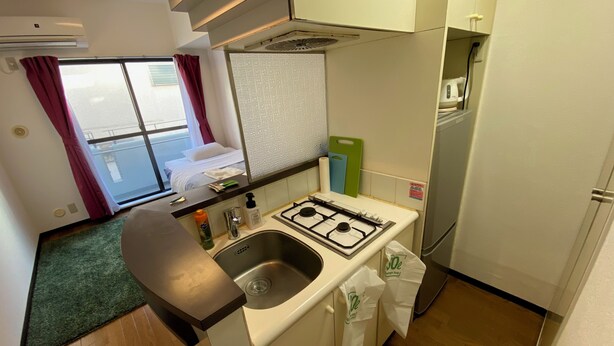 A compact kitchen with a sink, stove, and a small countertop. - W210 Tokyo Monthly Rental - Sakurashinmachi Single (Setagaya City)